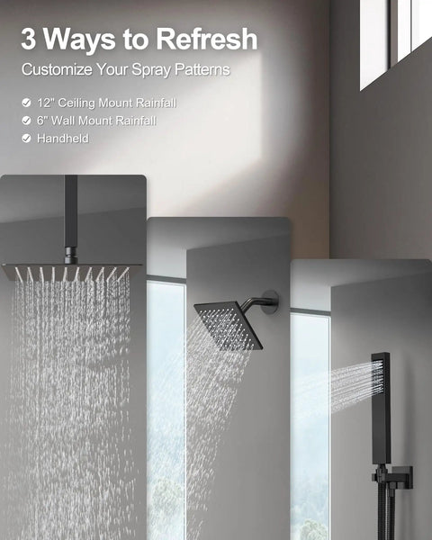 GRANDJOY 12" Digital Display Shower System, 3-Function, Matte Black with three spray options visible.
