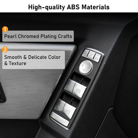 Mercedes Benz Window Switch Button Trim Covers Replacement Kit 14 Piece Fits A B C E G GLA CLA GLK ML GLE Class W204 W212 W246 W166 X166 X204 And Tesla Model X S, chrome finish on window switches.