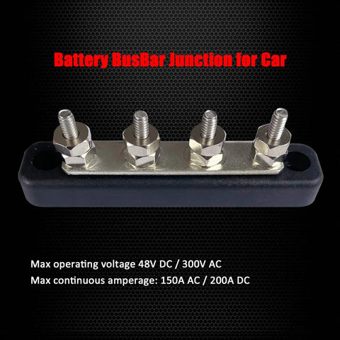 Heavy Duty Nickel Plated Brass Bus Bar With Heat Resistant Lid And M5 Studs Zero Sweat Wire Routing For Car Audio Marine Amp Power Junction Block Setup Black Finish, featuring four M5 studs.