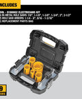 DEWALT bi-metal hole saw kit in open black case with yellow hole saws; 9-piece set