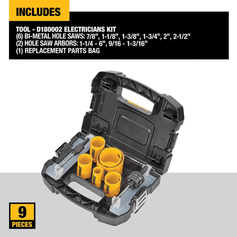 DEWALT bi-metal hole saw kit in open black case with yellow hole saws; 9-piece set