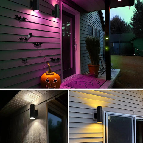 Exterior Up Down Outdoor Wall Lights With Remote Control RGB Color Changing 1200 Lumen Warm White 3000K RGB CCT Cylinder Outdoor LED Lighting 2 Pack Weatherproof IP65 Rated For Outdoor Use illuminating a home entryway.
