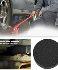 Car being lifted with a 2 Pack 48mm Rubber Jack Pad, 50mm saddles compatible, thick 14mm, protecting the underbody from scratches and dents.