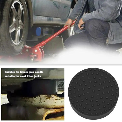 Car being lifted with a 2 Pack 48mm Rubber Jack Pad, 50mm saddles compatible, thick 14mm, protecting the underbody from scratches and dents.