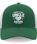 Green Mesh Snapback Hat For Men Adjustable Trucker Cap with dad vibes, "Soon to be Uncle Again Est. 2026" design front view