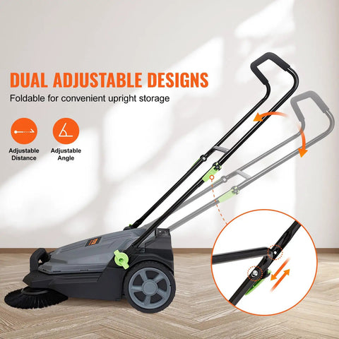 Walk-Behind Hand Push Floor Sweeper With A 25.6 Inch Sweep Width, Manual Non Electric Cleaning Machine with adjustable folding handle.