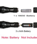 Two Pack LED Tactical Flashlights Water Resistant Military Grade 2000 Lumens with AAA and 18650 battery holders visible
