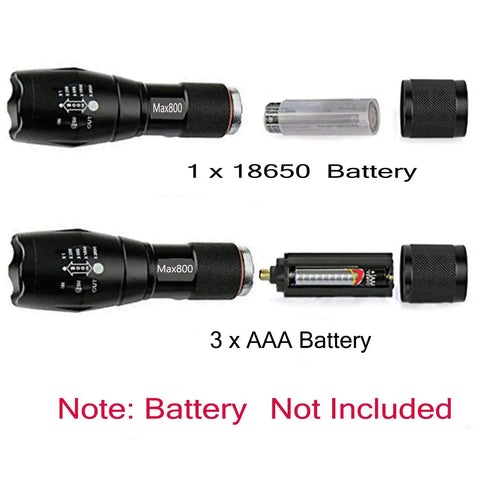 Two Pack LED Tactical Flashlights Water Resistant Military Grade 2000 Lumens with AAA and 18650 battery holders visible