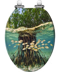 Resin Elongated Toilet Seat for Bathroom with underwater mangrove scene and fish design, suitable for standard toilet sizes.