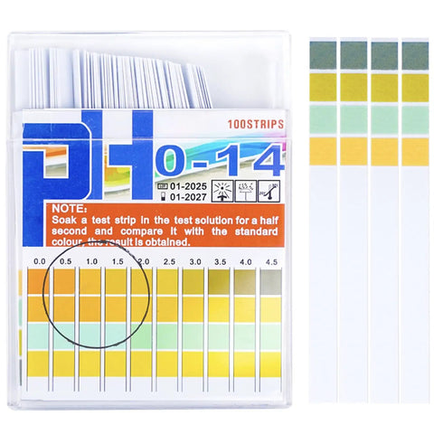 Ultra Accurate pH Test Strips 0-14 With 0.5 Precision, 100 Strips Litmus Paper showing color chart for acid alkaline readings.