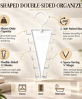 V-shaped double sided organizer with 12 hooks, heavy-duty capacity and 360-degree swivel hook for closet or door.