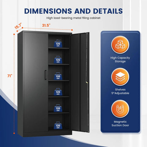 Heavy Duty Metal Storage Cabinet With Two Doors And Five Adjustable Shelves 71 Inch Tall Steel Locking Cabinet for dimensions details