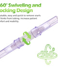 IOOYIFLE oxygen tubing swivel connector, male-to-male, purple plastic joints on clear tubing, 360-degree rotation.