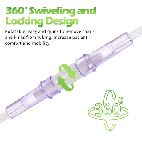 IOOYIFLE oxygen tubing swivel connector, male-to-male, purple plastic joints on clear tubing, 360-degree rotation.