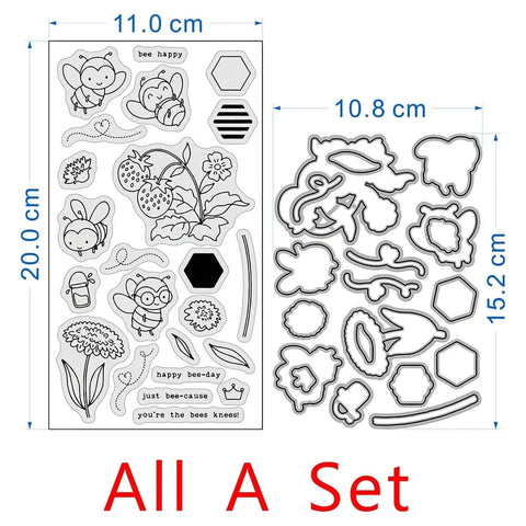 Stamps and Dies Set for Card Making and Scrapbooking with Clear Rubber Stamps and Metal Cutting Dies, bees, strawberries, sunflowers