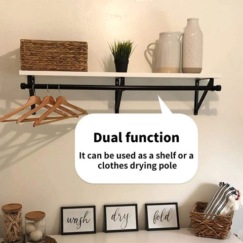 Rock Solid Heavy Duty Metal Closet Rod And Shelf Support Brackets For Clothes Hanger Poles Black Wall Mount Storage Kit 3 Pack with hangers and shelf.