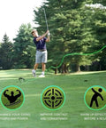 Real Golf Ball Swing Trainer With Swing Correction Armband For Backyard And Driving Range, golfer in action, trees in background