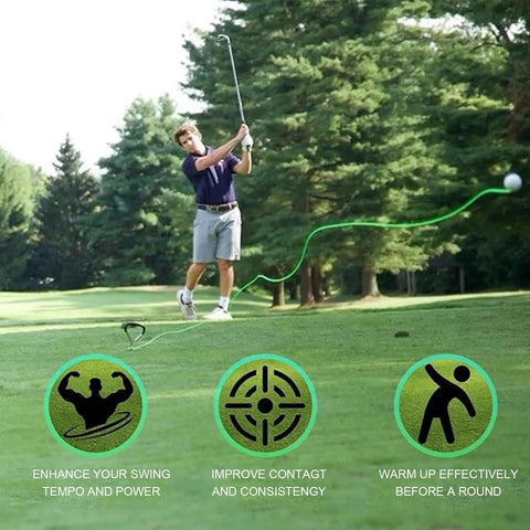 Real Golf Ball Swing Trainer With Swing Correction Armband For Backyard And Driving Range, golfer in action, trees in background