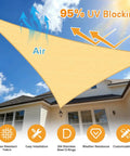 Sun Shade Sail Triangle 16x16x22.6 Ft Sand Color With Curved Edges 185GSM HDPE Shade Cloth installed over a house patio