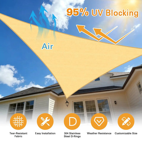 Sun Shade Sail Triangle 16x16x22.6 Ft Sand Color With Curved Edges 185GSM HDPE Shade Cloth installed over a house patio