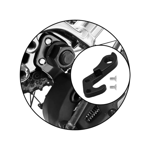 2 Pack Derailleur Hanger 144 Replacement Part With Mounting Hardware For Trek Gary Fisher Bikes Aluminum Alloy Black Ready To Ride Rear Tail Hook For MTB And Road Bikes No 322175 with close-up view of hanger on bike