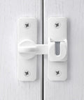 Matte White Aluminum Barn Door Latch Heavy Duty Gate Lock mounted on sliding doors, showing 90 degree flexible mounting.