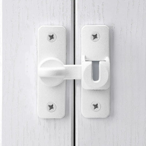 Matte White Aluminum Barn Door Latch Heavy Duty Gate Lock mounted on sliding doors, showing 90 degree flexible mounting.