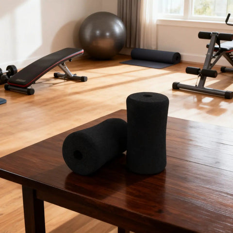 Gym Grade High-Density Foam Foot Pads for Weight Leg Extensions, 7 Inch Roller Pads on wooden table in home gym setting