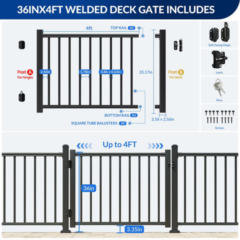 Diagram of Beefy Welded Aluminum Deck Gate Kit With Latch And Auto Closing Hinge 36 Inch High And 4 Foot Wide Cuttable AAMA 2604