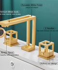 Slick Brushed Gold Widespread Bathroom Faucet 8 Inch Centers 3 Holes Dual Handle Vanity Sink Mixer Aerator Spout For Splash Free Flow Lead Free Solid Brass Construction Durable Water Supply Hose Included, shown on a bathroom sink.