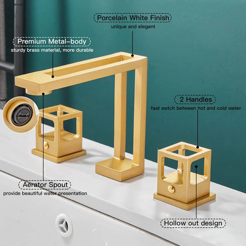 Slick Brushed Gold Widespread Bathroom Faucet 8 Inch Centers 3 Holes Dual Handle Vanity Sink Mixer Aerator Spout For Splash Free Flow Lead Free Solid Brass Construction Durable Water Supply Hose Included, shown on a bathroom sink.