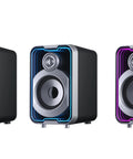 Three Tiny Desk Soundbar 2.0 Computer Speakers with USB powered Bluetooth, and mirror LED light modes in different colors.