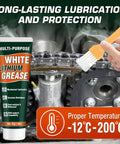 Lithium Grease Tube With Brush in use on metal chain, showcasing application and temperature range, great for auto and industrial use.