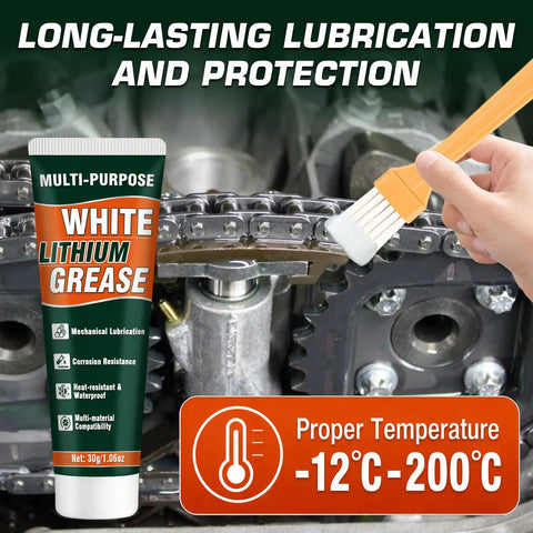 Lithium Grease Tube With Brush in use on metal chain, showcasing application and temperature range, great for auto and industrial use.
