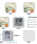 Hella Durable Digital Alarm Clock With LED Night Light And Seven Color Modes Snooze Button Time Date Temperature Display Retro Cube Desk Clock For Bedroom Or Office Smooth As Butter Setup showing top, left, right, front, bottom, and back views.