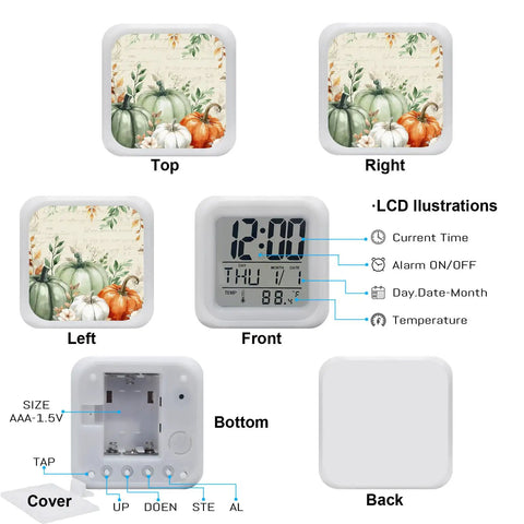 Hella Durable Digital Alarm Clock With LED Night Light And Seven Color Modes Snooze Button Time Date Temperature Display Retro Cube Desk Clock For Bedroom Or Office Smooth As Butter Setup showing top, left, right, front, bottom, and back views.