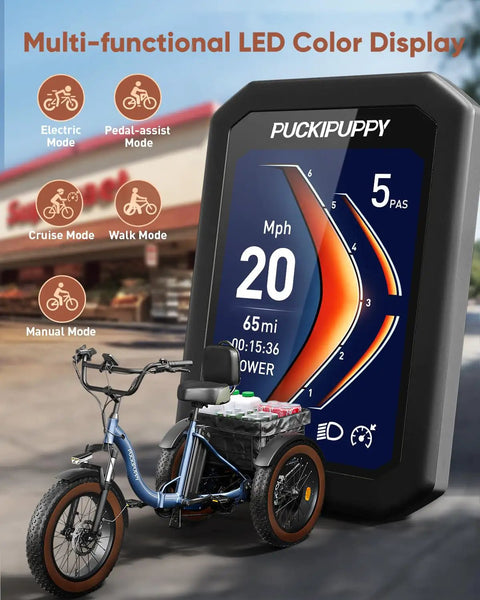 Alaskan Electric Tricycle For Adults With 48V 15Ah Rear Motor Three Wheel Cargo Trike With Large Basket 20 Inch 6061 Aluminum Folding Ebike Frame Blue Built For City Hauls And Weekend Adventures Plus Gift Pack Valued At 1500, blue electric trike with LED display