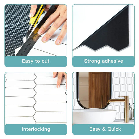 Peel And Stick Picket Tile Backsplash White Matte Ceramic Look Long Hexagon Self Adhesive Wall Tiles Pack Of 12 features