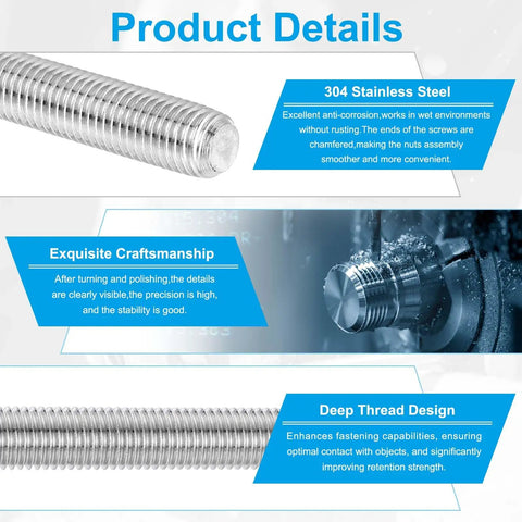 Built Tough 304 Stainless Steel Fully Threaded Rod Ten Twenty Four UNC Thread Size 9.8 Inch Long Five Pack for Anchoring Bolts Clamps