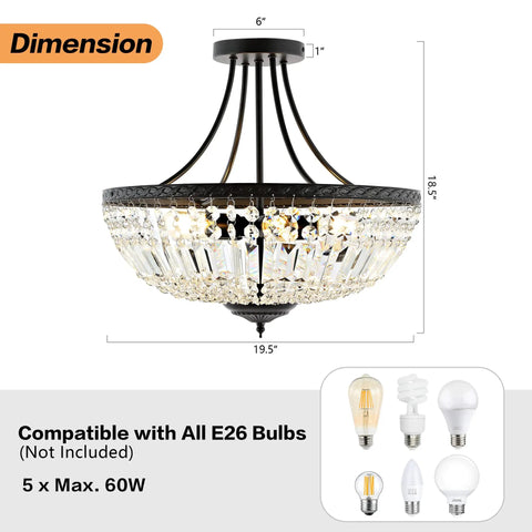 Crystal Ceiling Light Fixture 19.5 Inch With 5 Light Raindrop Semi Flush Mount Chandelier, dimensions and bulb compatibility