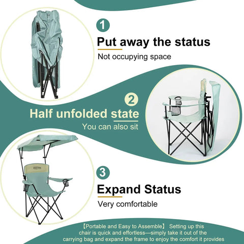 Illustration of Portable Camping Chair With Adjustable Sunshade Canopy, Oversized Lightweight Beach Chair With Side Pocket open