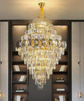 Premium Smoke Gray Crystal Chandelier Ceiling Fan 42 Or 48 Inch with gold-tone frame and smoke prisms in modern home setting.