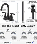 Hurran matte black 4-inch centerset bathroom faucet with pop-up drain and two supply hoses; fits 2- or 3-hole sinks.