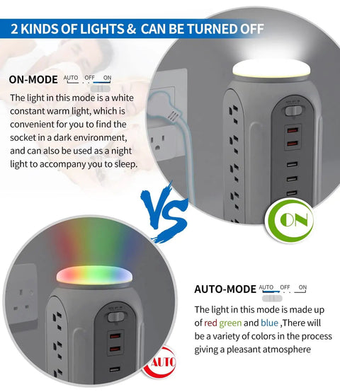 15 Outlet Surge Protector Tower with USB Ports showing RGB night light modes, including white and colorful LED lights.