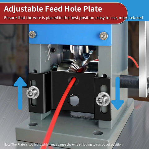 Manual Wire Stripping Machine With Dual Blades, showing adjustable feed hole plate for easy cable stripping and recycling.