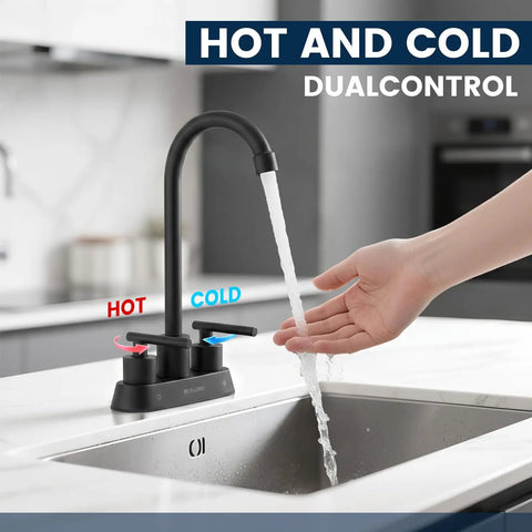 BLYLUND Black Commercial Bar Sink Faucet, Stainless Steel 2 Hole Bar Faucet with hot and cold water control in use.