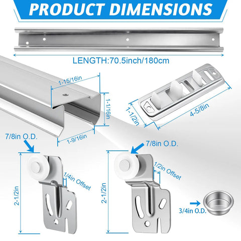 Dimensions of 72 Inch By-Pass Closet Track Kit For Sliding Doors With Brass-Plated Pulls And Offset Rollers, Easy Install Floor Guide