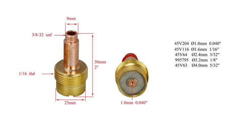 Must Have TIG Gas Lens Collet Bodies Kit For DB SR WP 17 18 26 Welding Torch collet dimensions 45V204 0.040"