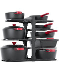 Keep Your Kitchen Organized And Stress Free With This Heavy Duty Under Cabinet Pot Rack Featuring Eight Sturdy Tiers showing black pots with red handles in a sturdy tiered organizer.