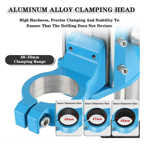 Heavy-Duty Drill Press Stand With 90 Degree Rotatable Base And 80mm Stroke For Precision Woodworking aluminum alloy clamping head with 38-50mm range.